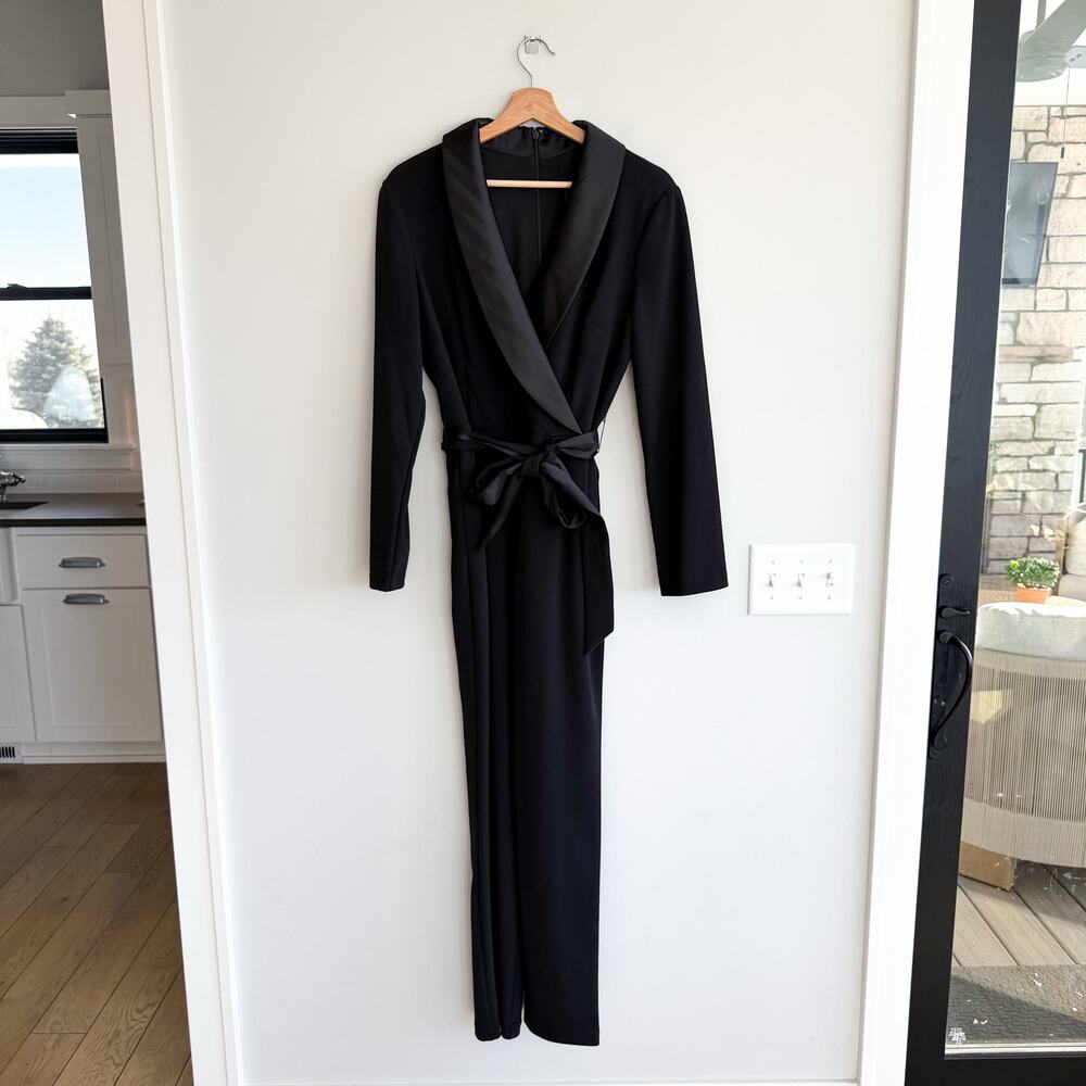 Adrianna Papell Stretch Crepe Tuxedo Faux Wrap Satin Lapel Jumpsuit Black 10